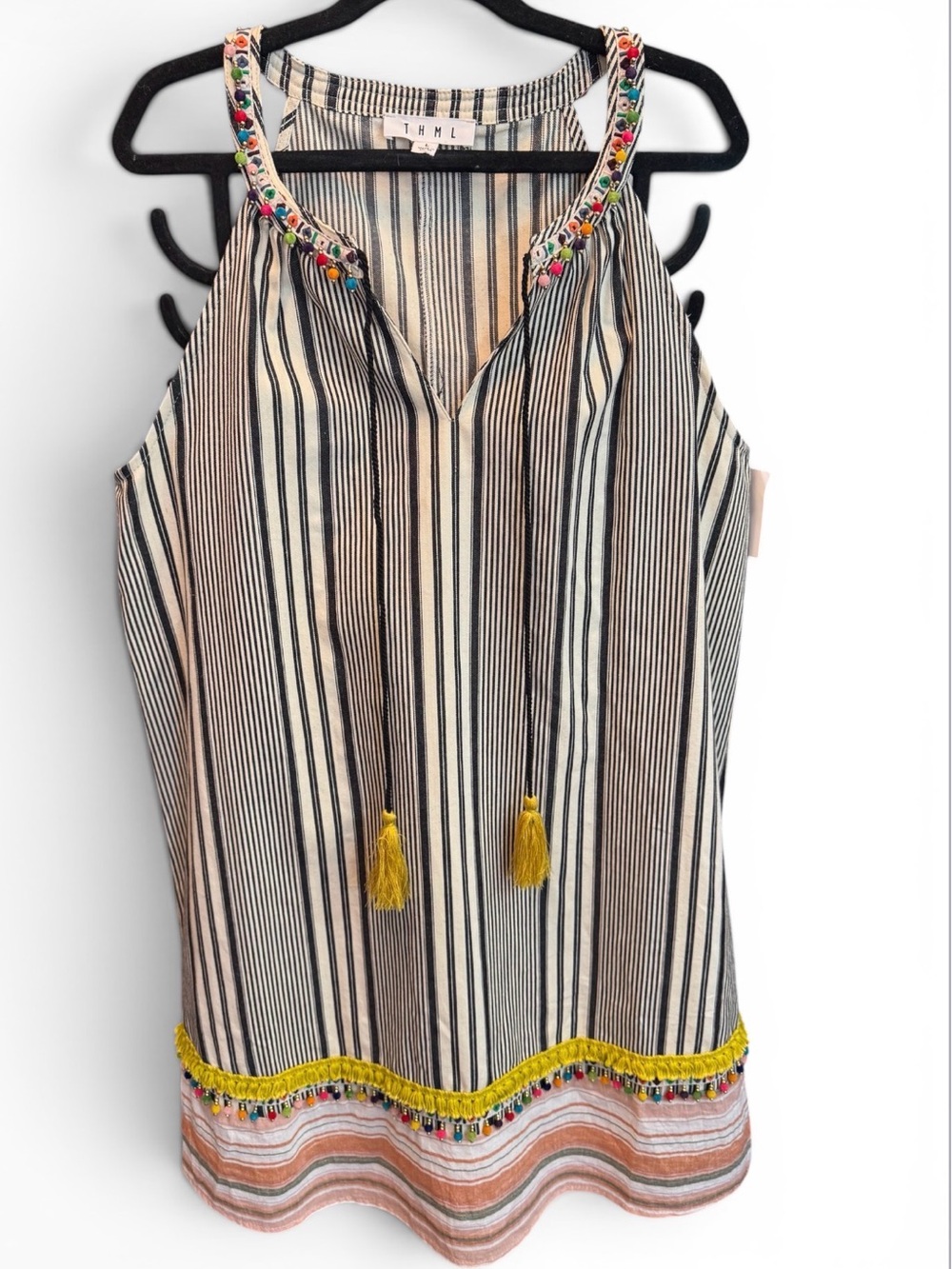 THML Black & Cream Striped Embroidered Tassel Dress w Colorful Detail Size Large